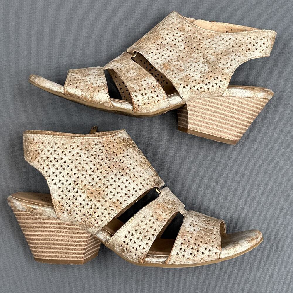 Naturalizer Soul Womens 9M Sandal Golden Tan Wedge Block Heel Gladiator Peep Toe